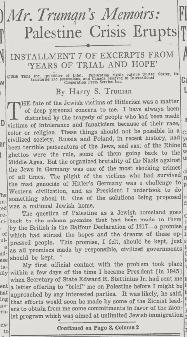 Mr. Truman’s Memoirs: Palestine Crisis Erupts &mdash; The New York Times, 28 January 1956