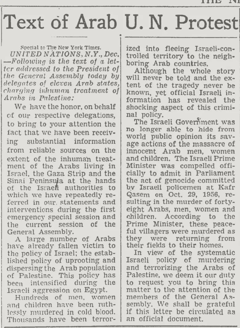 Text of Arab U.N. Protest &mdash; The New York Times, 15 December 1956