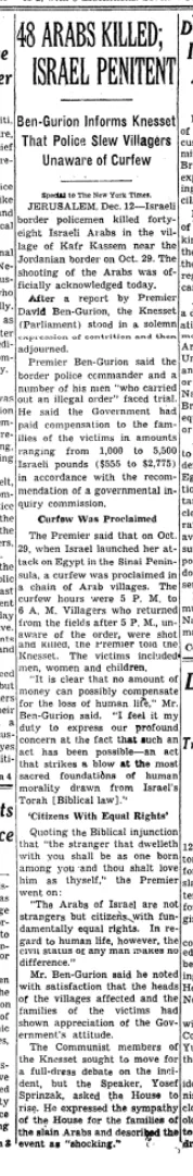 48 ARABS KILLED; ISRAEL PENITENT &mdash; New York Times, 13 December 1956