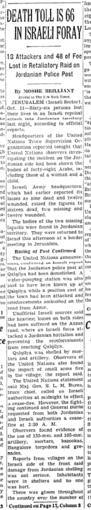 Death Toll Is 66 in Israeli Foray &mdash; The New York Times, 12 October 1956