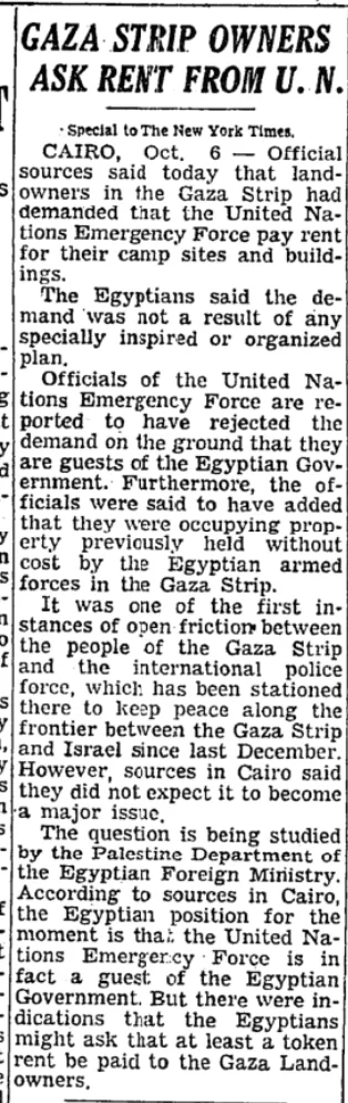Gaza Strip Owners Ask Rent From U.N. &mdash; The New York Times, 7 October 1957