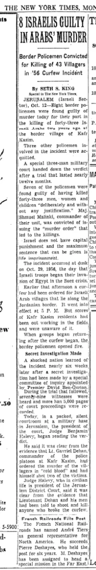 8 ISRAELIS GUILTY IN ARABS’ MURDER &mdash; New York Times, 13 October 1958