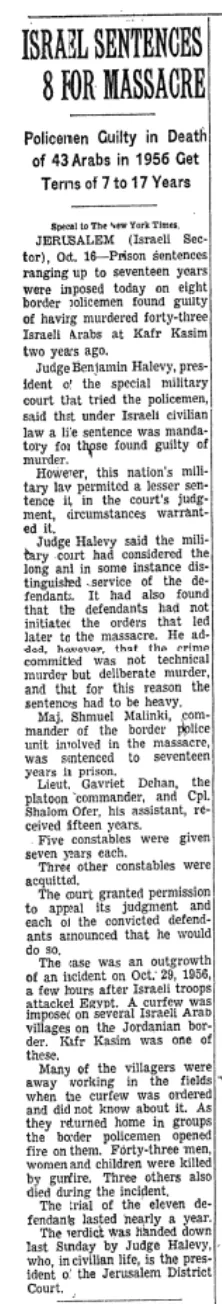 ISRAEL SENTENCES 8 FOR MASSACRE &mdash; New York Times, 17 October 1958