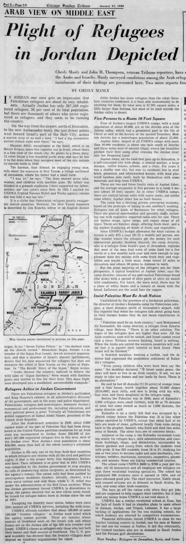 Plight of Refugees in Jordan Depicted — Chicago Sunday Tribune, 11 January 1959
