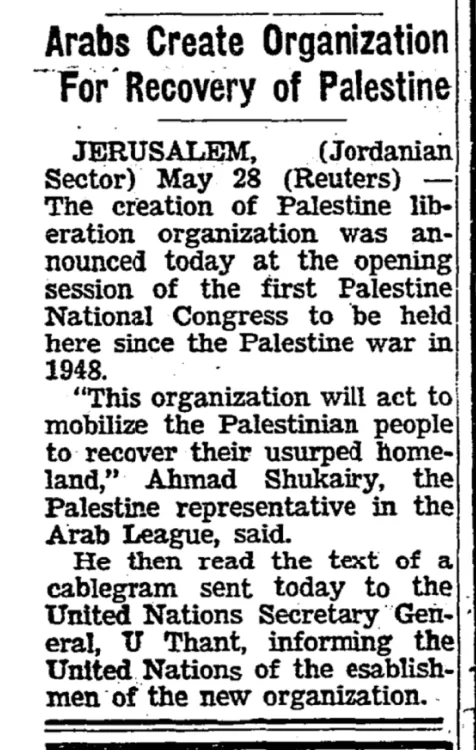 Arabs Create Organization For Recovery of Palestine &mdash; New York Times, 29 May 1964