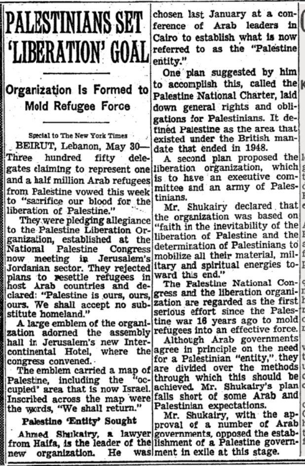 PALESTINIANS SET ‘LIBERATION’ GOAL &mdash; New York Times, 31 May 1964