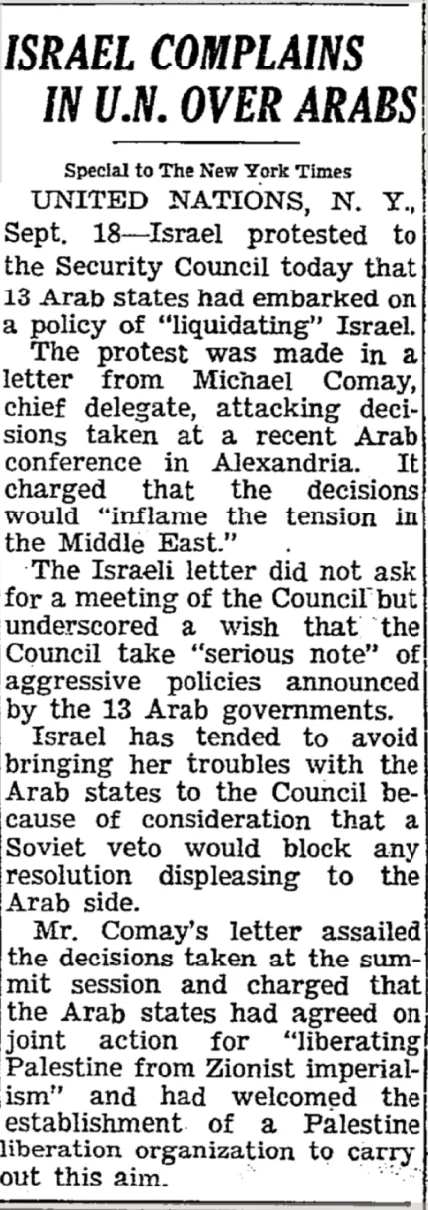ISRAEL COMPLAINS IN U.N. OVER ARABS &mdash; New York Times, 19 September 1964