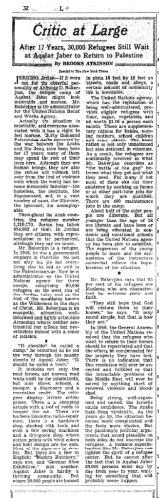 After 17 Years, 30,000 Refugees Still Wait at Aqabat Jaber &mdash; The New York Times, 19 February 1965