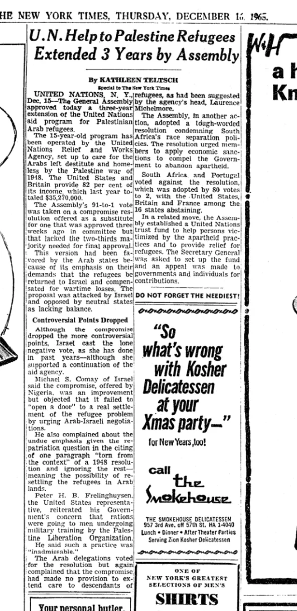U.N. Help to Palestine Refugees Extended 3 Years &mdash; The New York Times, 16 December 1965