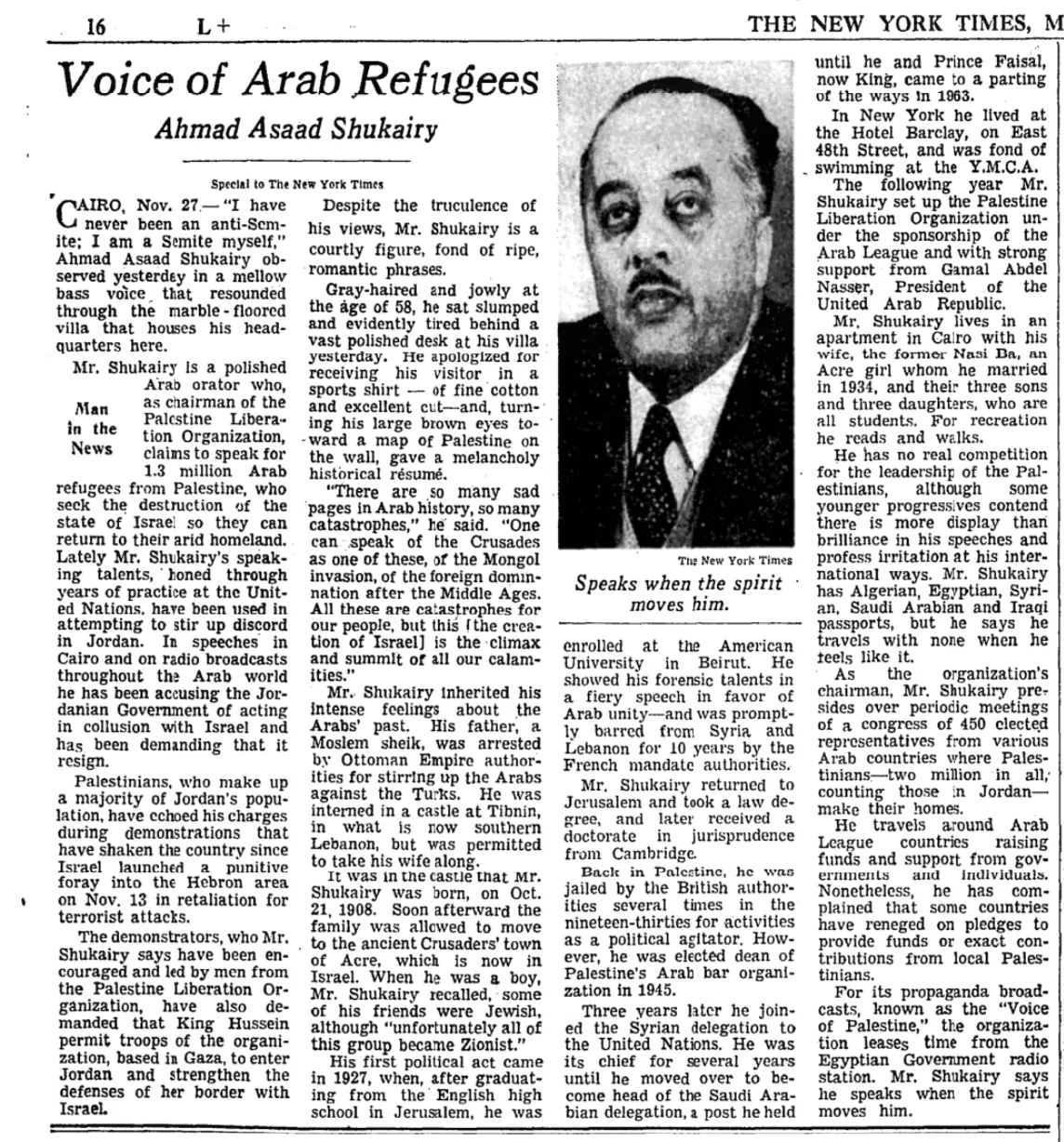 Voice of Arab Refugees 'CAIRO, Nov. 27.-"I have &mdash; The New York Times, 28 November 1966