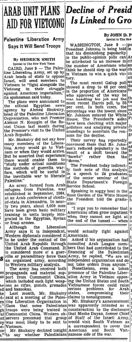 Arab Unit Plans Aid for Vietcong — The New York Times, 10 June 1966