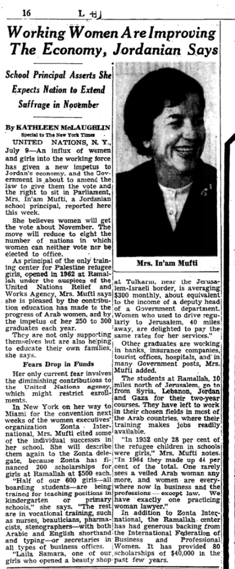 Working Women Are Improving The Economy, Jordanian Says &mdash; The New York Times, 10 July 1966
