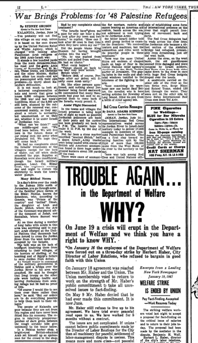 War Brings Problems for ’48 Palestine Refugees &mdash; The New York Times, 15 June 1967