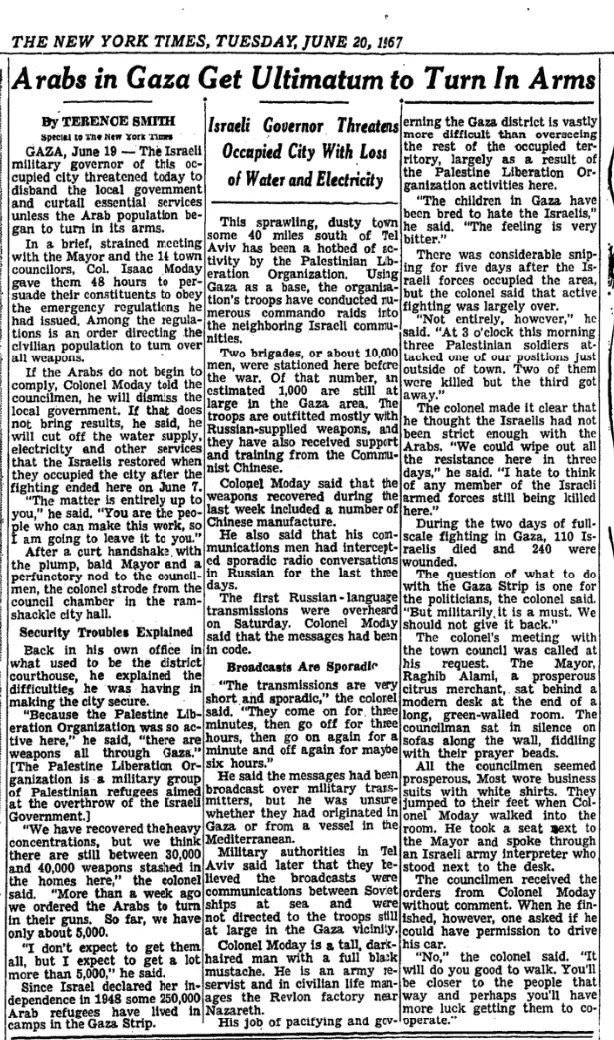 Arabs in Gaza Get Ultimatum to Turn In Arms Two of then were killed but the &mdash; The New York Times, 20 June 1967