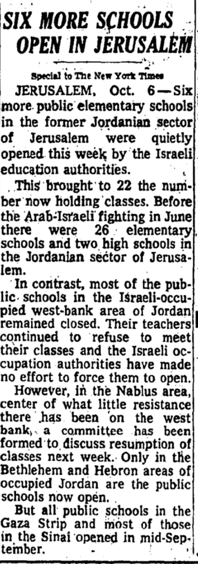 Six More Schools Open in Jerusalem &mdash; The New York Times, 7 October 1967