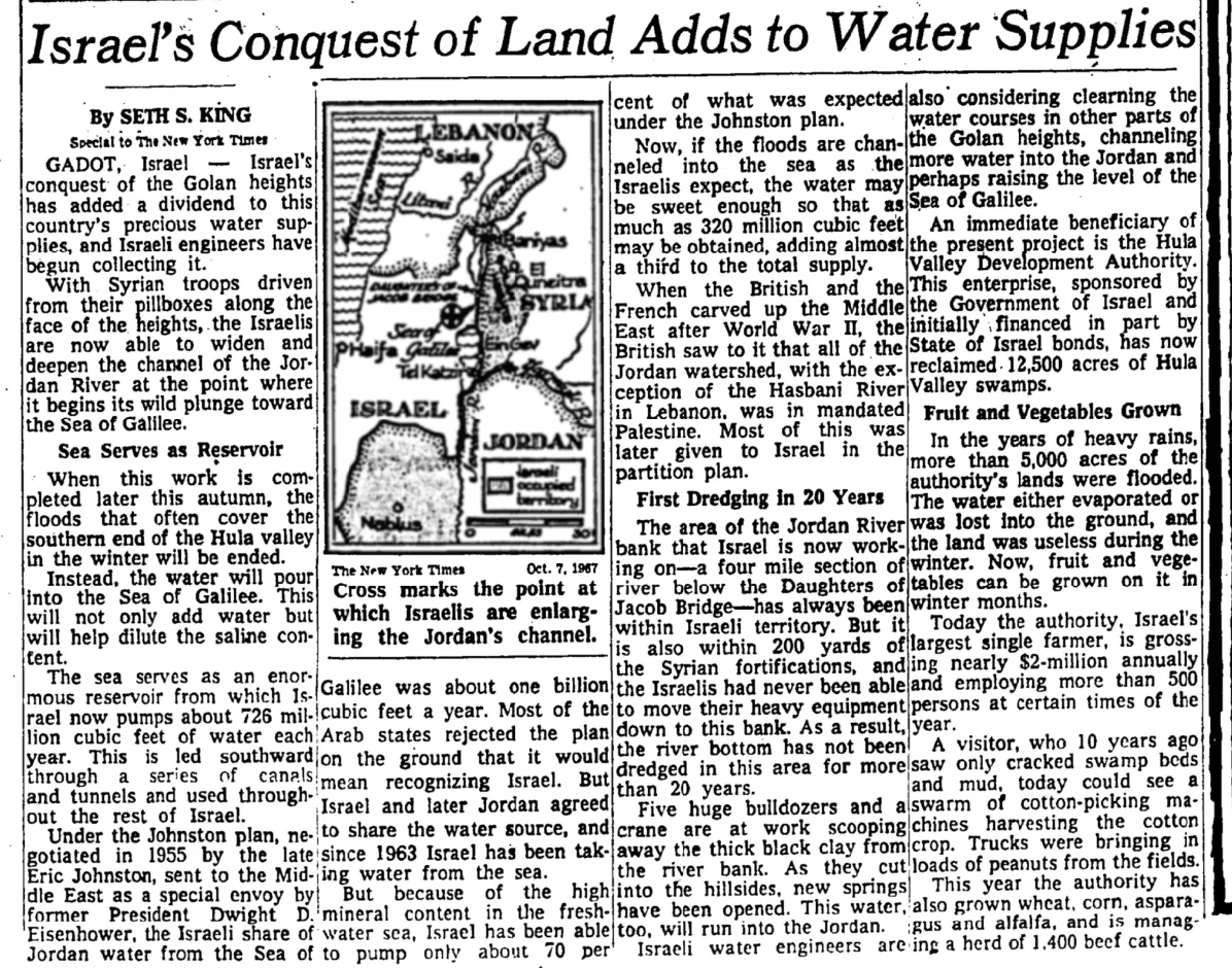 Israel's Conquest of Land Adds to Water Supplies — The New York Times, 7 October 1967