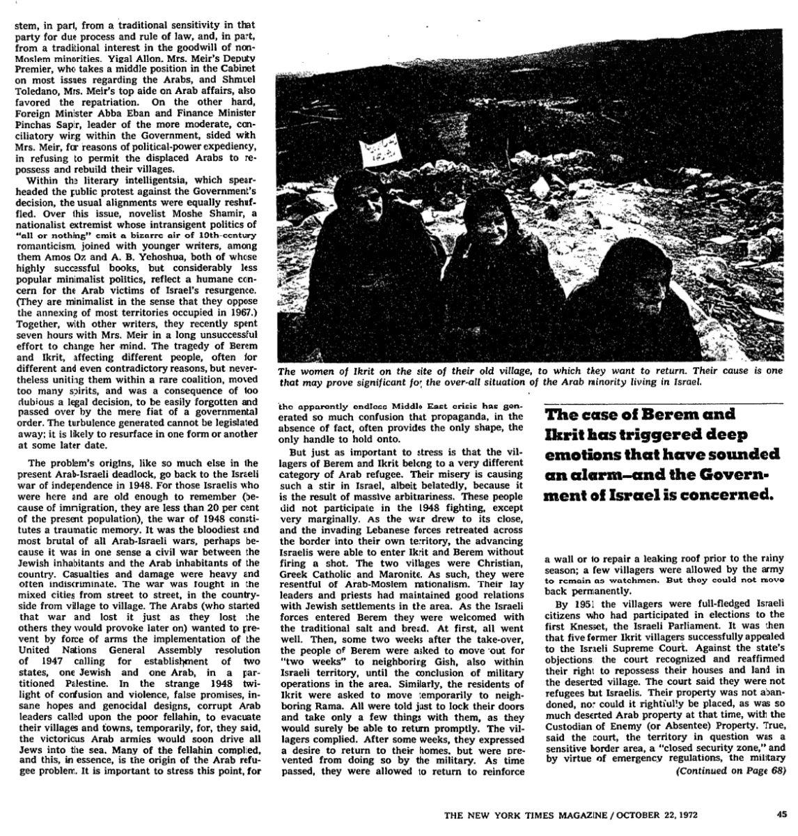Two Arab towns that plumb Israel's conscience &mdash; New York Times, 22 October 1972
