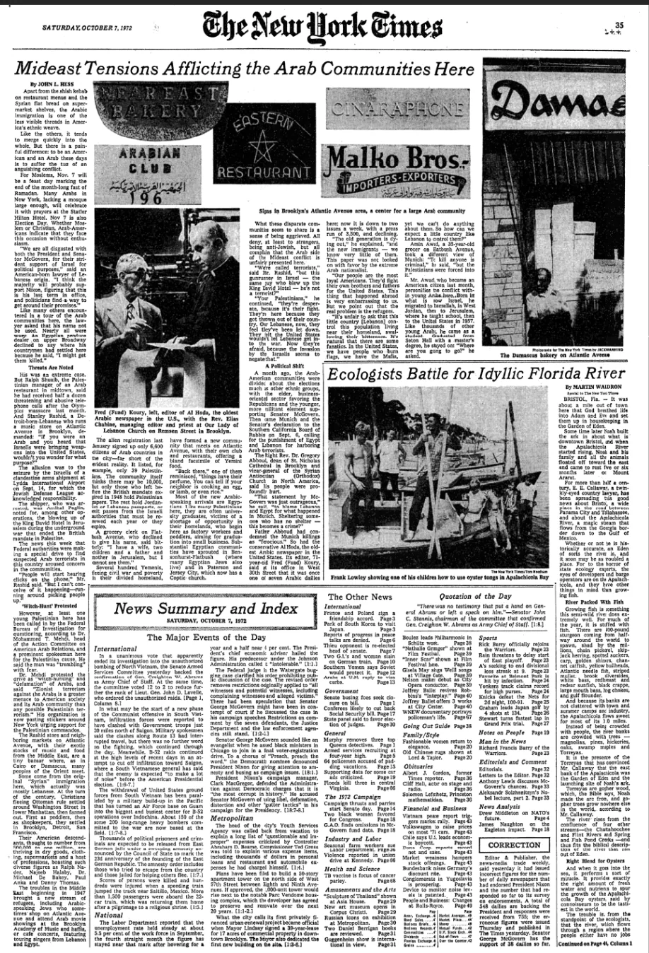 Mideast Tensions Afflicting the Arab Communities Here &mdash; The New York Times, 7 October 1972