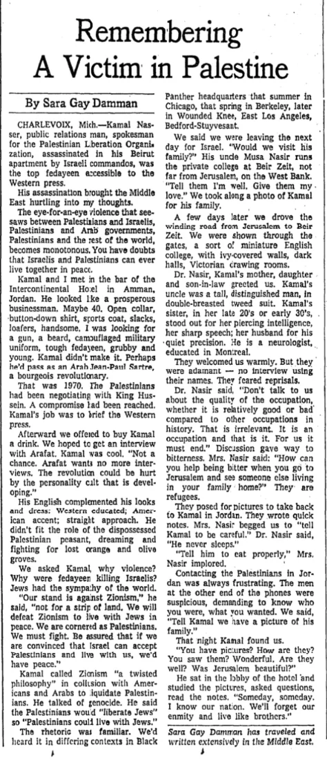 Remembering A Victim in Palestine &mdash; The New York Times, 27 April 1973