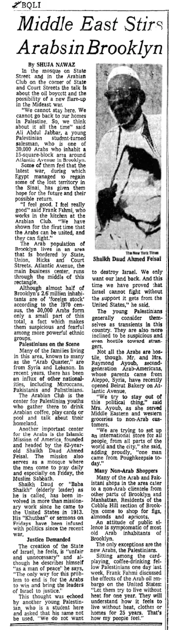 Middle East Stirs Arabs in Brooklyn &mdash; The New York Times, 2 December 1973
