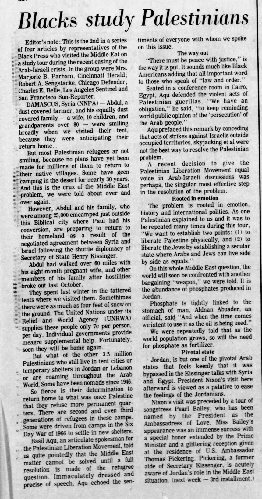 Blacks study Palestinians &mdash; New York Amsterdam News, 3 August 1974
