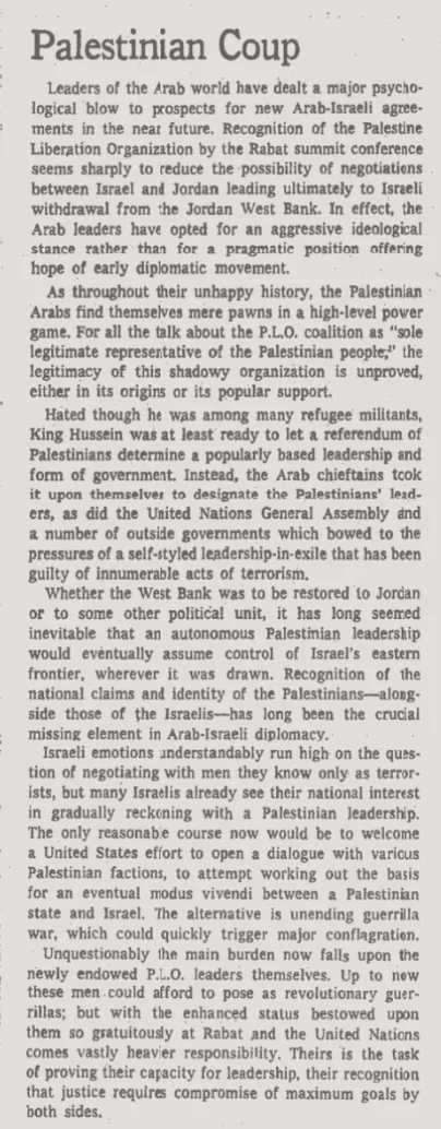 Palestinian Coup &mdash; The New York Times, 31 October 1974