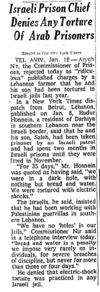 Israeli Prison Chief Denies Any Torture Of Arab Prisoners &mdash; New York Times, 20 January 1975