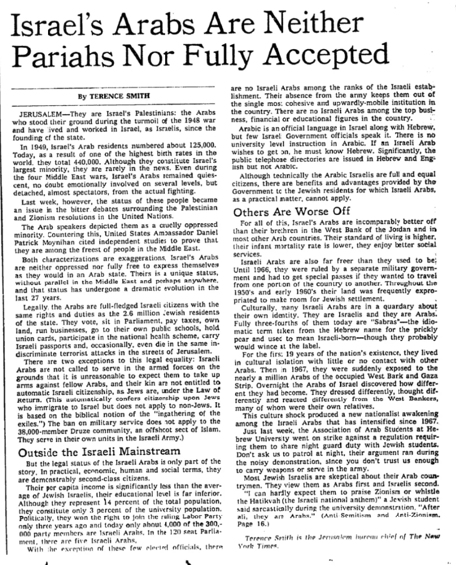 Israel's Arabs Are Neither Pariahs Nor Fully Accepted &mdash; New York Times, 16 November 1975