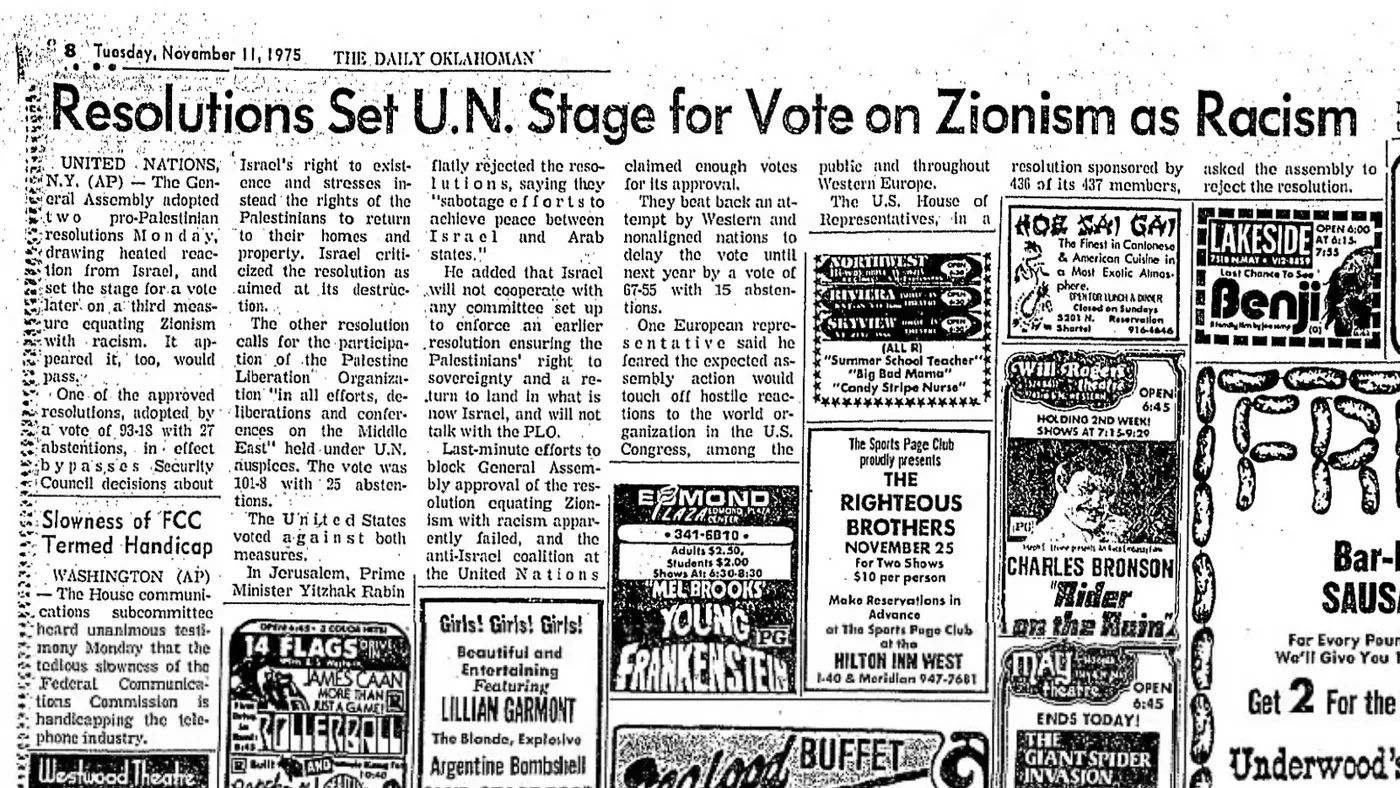 Resolutions Set U.N. Stage for Vote on Zionism as Racism — Daily Oklahoman, 11 November 1975