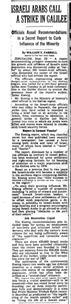 Israeli Arabs Call a Strike in Galilee &mdash; New York Times, 23 September 1976