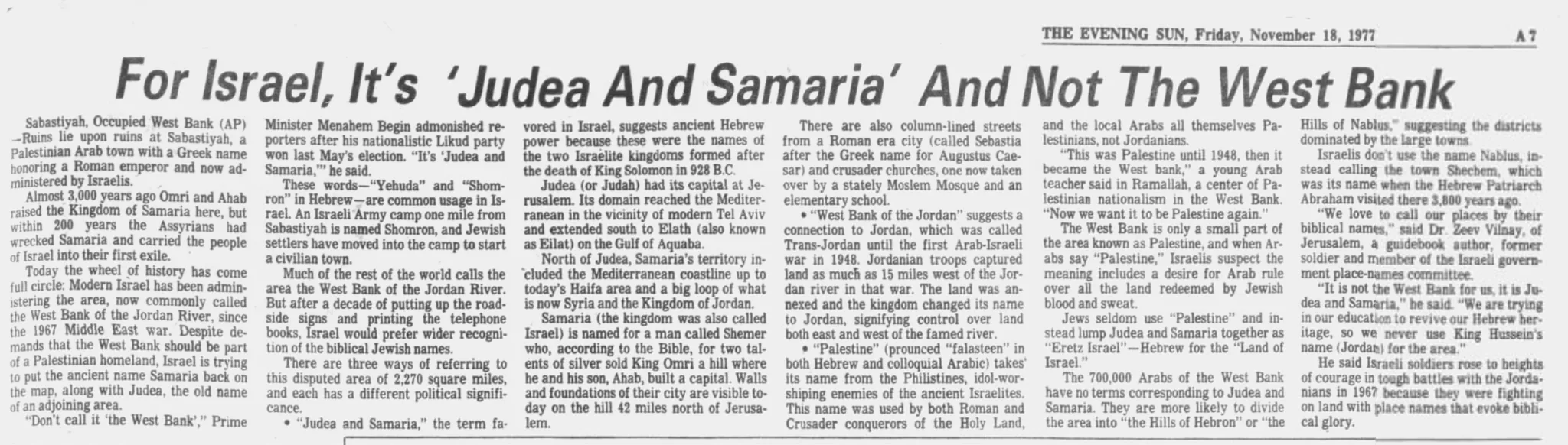 For Israel, It’s ‘Judea And Samaria’ And Not The West Bank &mdash; The Evening Sun, 18 November 1977