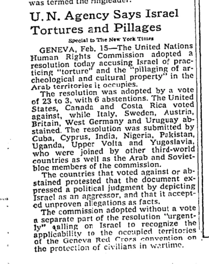 U.N. Agency Says Israel Tortures and Pillages &mdash; New York Times, 16 February 1977