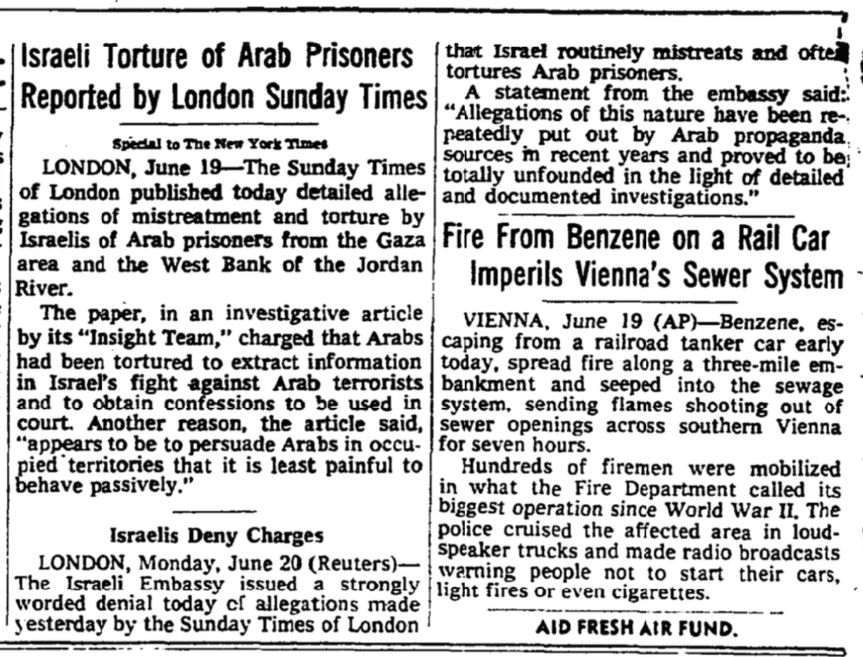 Israeli Torture of Arab Prisoners Reported by London Sunday Times &mdash; New York Times, 20 June 1977