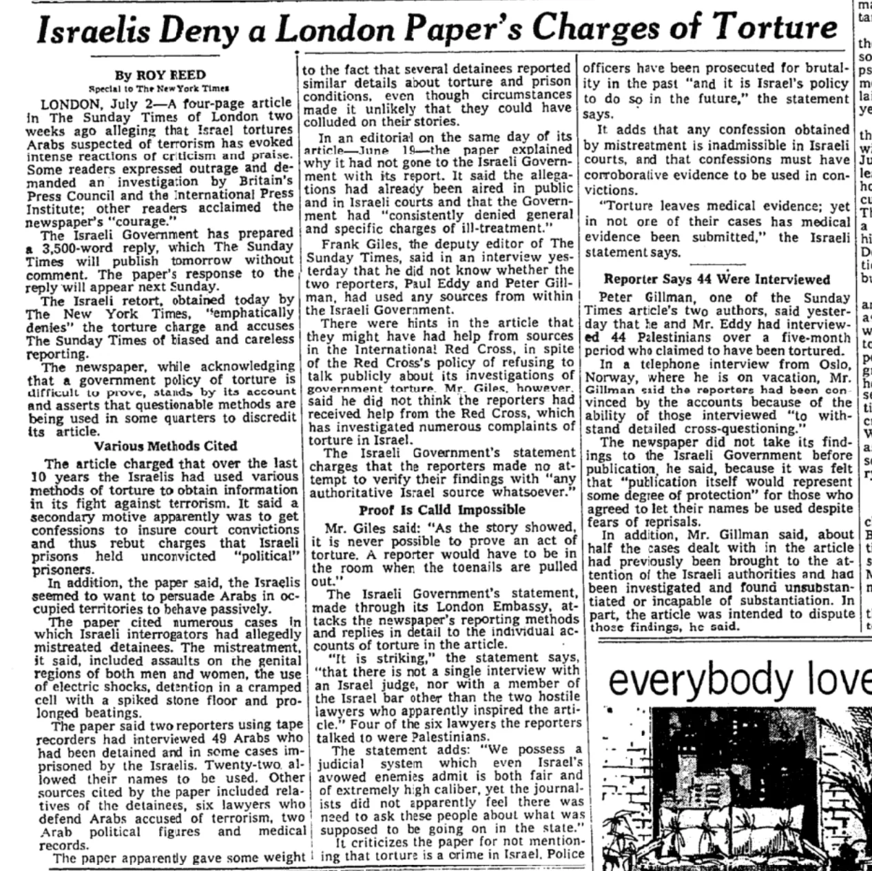 Israelis Deny a London Paper’s Charges of Torture — New York Times, 3 July 1977