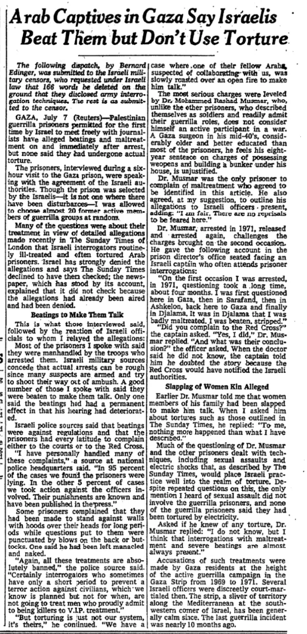 Arab Captives in Gaza Say Israelis Beat Them but Don’t Use Torture &mdash; New York Times, 8 July 1977
