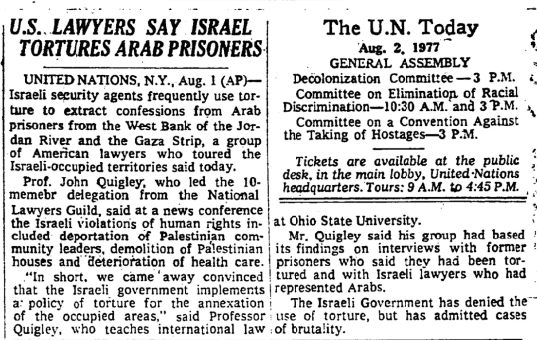 U.S. LAWYERS SAY ISRAEL TORTURES ARAB PRISONERS &mdash; New York Times, 2 August 1977