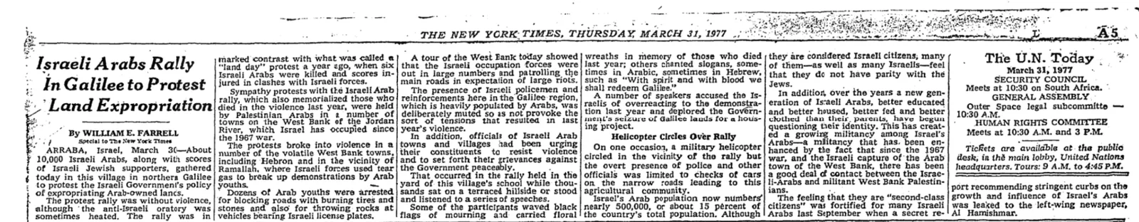 Israeli Arabs Rally In Galilee to Protest Land Expropriation &mdash; New York Times, 31 March 1977
