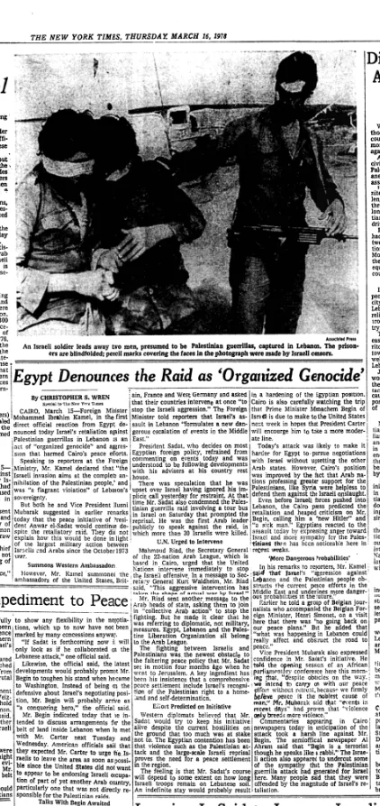 Egypt Denounces the Raid as ‘Organized Genocide’ &mdash; The New York Times, 16 March 1978