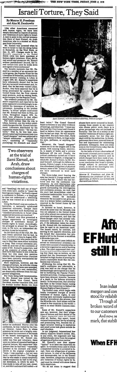Israeli Torture, They Said — New York Times, 2 June 1978