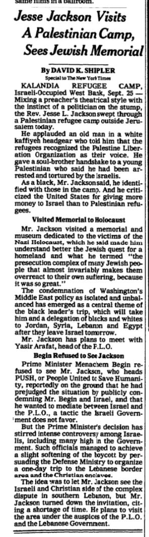 Jesse Jackson Visits A Palestinian Camp, Sees Jewish Memorial &mdash; The New York Times, 26 September 1979