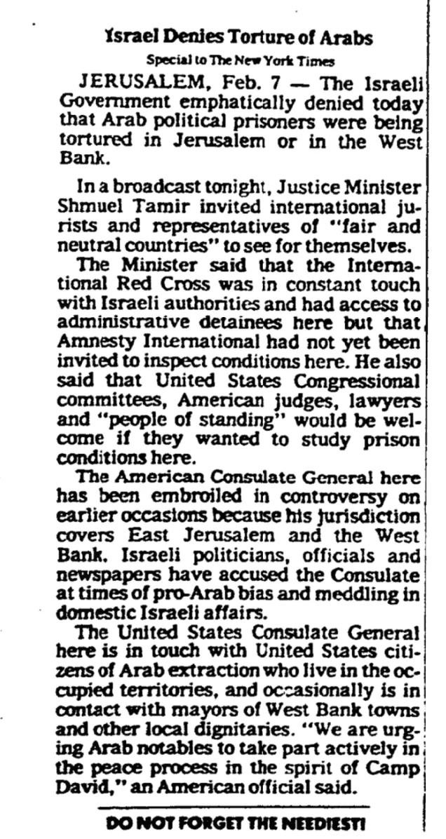 Israel Denies Torture of Arabs &mdash; New York Times, 8 February 1979