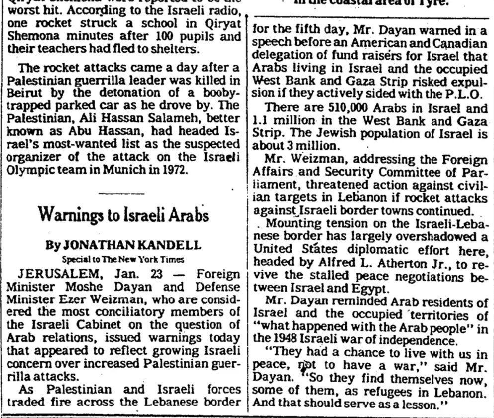 Dayan warns Arabs in Israel and the territories — New York Times, 24 January 1979