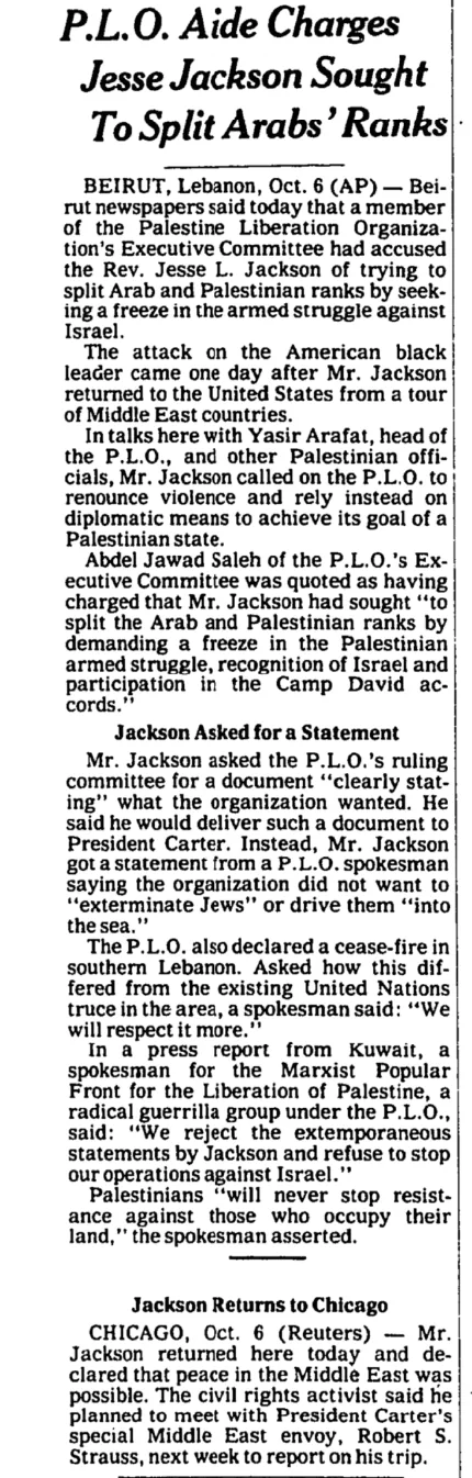 P.L.O. Aide Charges Jesse Jackson Sought to Split Arabs' Ranks &mdash; The New York Times, 7 October 1979