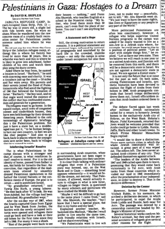 Palestinians in Gaza: Hostages to a Dream &mdash; The New York Times, 19 February 1980