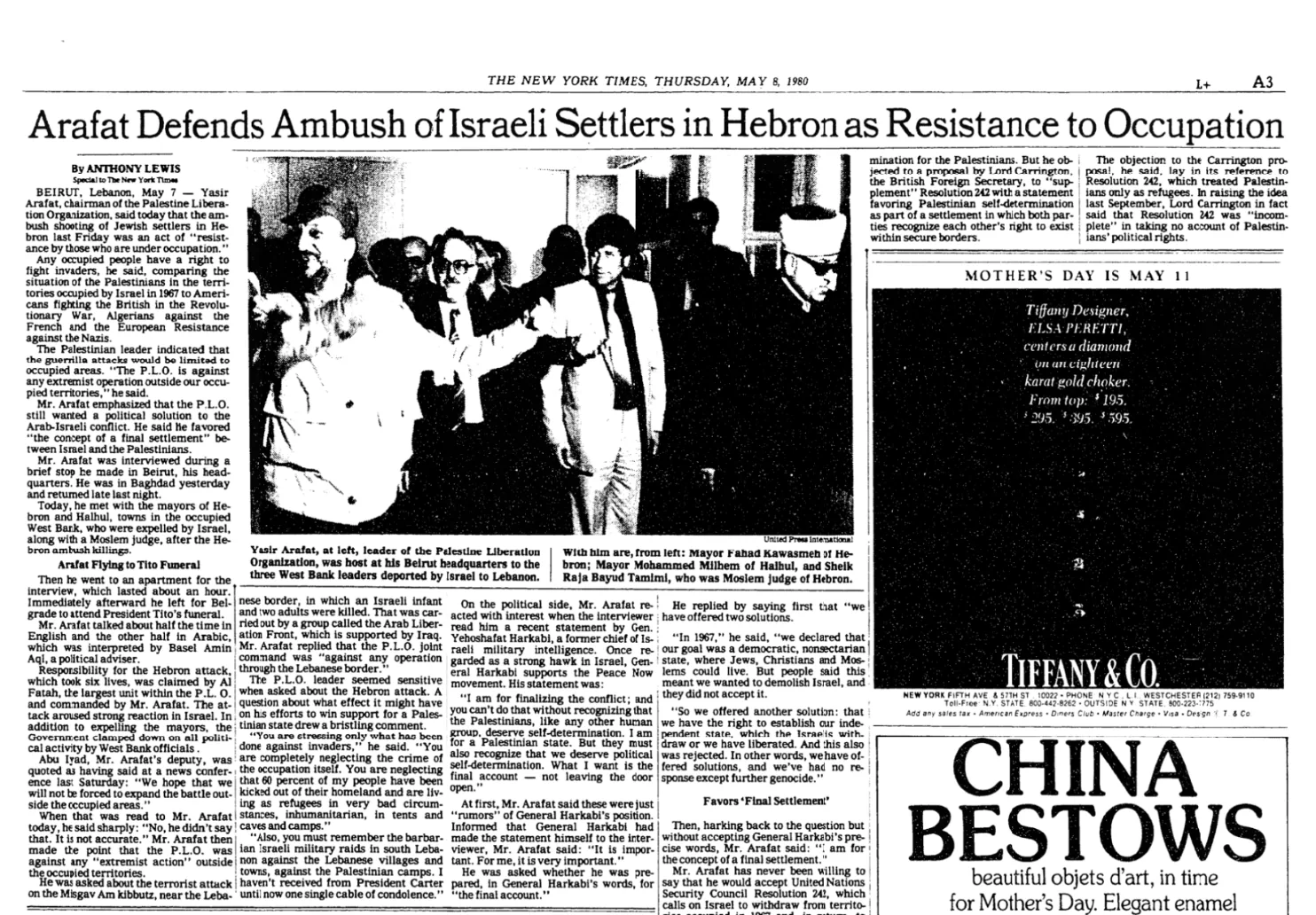 Arafat Defends Ambush of Israeli Settlers in Hebron as Resistance to Occupation — The New York Times, 8 May 1980