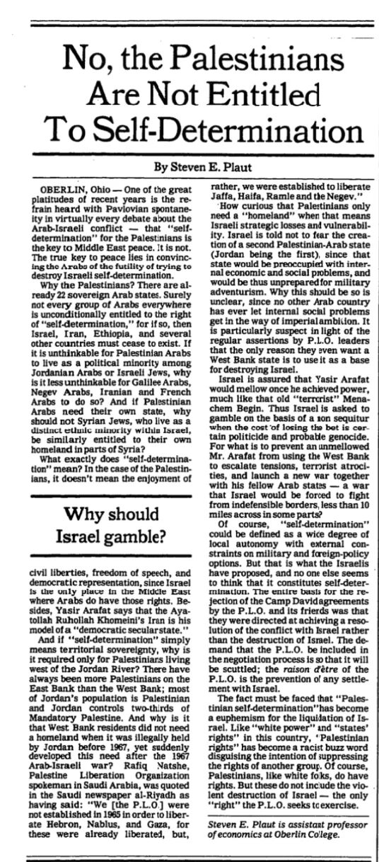 No, the Palestinians Are Not Entitled To Self-Determination &mdash; The New York Times, 26 November 1980