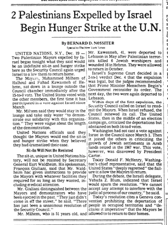 2 Palestinians Expelled by Israel Begin Hunger Strike at the U.N. &mdash; New York Times, 20 December 1980