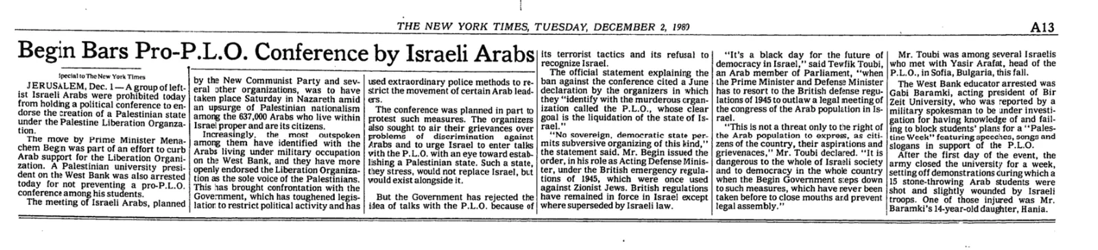 Israel bans a conference on Arab citizens &mdash; New York Times, 2 December 1980