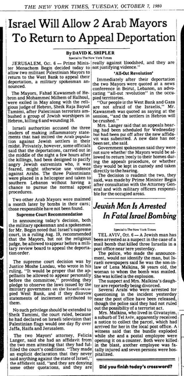 Israel Will Allow 2 Arab Mayors to Return to Appeal Deportation &mdash; The New York Times, 7 October 1980