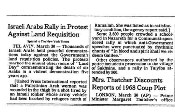 Israeli Arabs Rally in Protest Against Land Requisition — New York Times, 31 March 1981